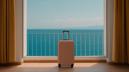 A serene view of a suitcase by a balcony, overlooking a calm sea and blue sky, suggesting a peaceful getaway or vacation.