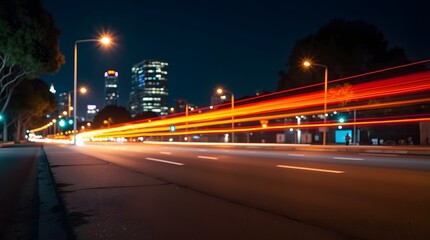 Nighttime city highway with light trails from moving vehicles