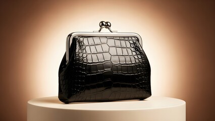 Elegant black patent leather kiss-lock clasp purse featuring a textured crocodile skin design displayed prominently on a pedestal for luxury retail photography.