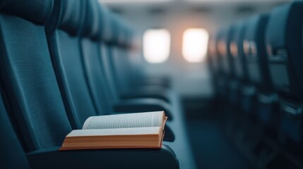 A book rests on a seat in an airplane, capturing a moment of leisure amidst the travel atmosphere.
