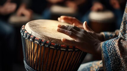 Drumming session takes place in a gathering focused on music and rhythm with participants engaged in playing traditional instruments