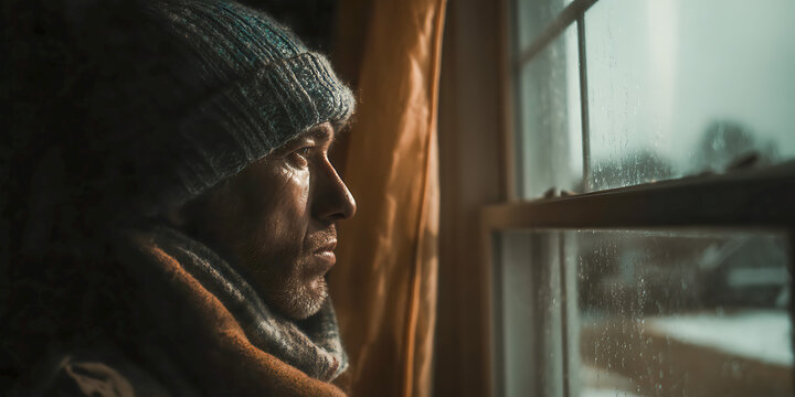 A thoughtful middle aged man wearing winter clothing looks out a rainy window, creating a quiet, emotional mood of reflection and solitude. Copy space. - Powered by Adobe