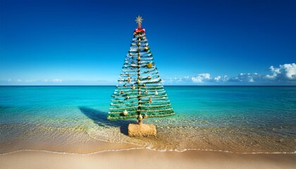 Unique Christmas Tree Celebrates The Holiday On A Sunny Beach With Clear Blue Water And Sunny Skies