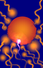 Conceptual abstract illustration of sperm cells racing toward an egg cell