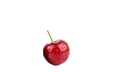 Four luscious red cherries, two with green leaves, one with water droplets, all glossy, on a transparent background with copy space, high-key. Concept of natural health and vitality