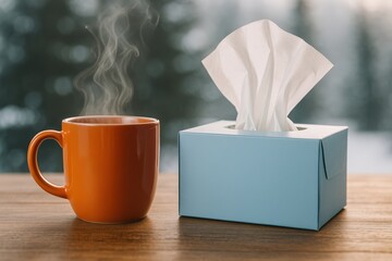 Hot beverage with tissue box on a winter day
