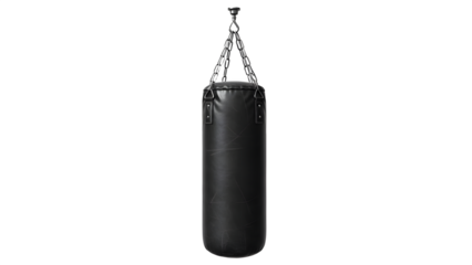 PNG leather black punching bag on white background.