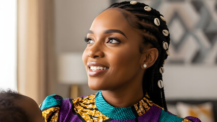 Happy Black woman with braided hair adorned with cowrie shells. Close-up portrait of a smiling African model in a colorful traditional print top