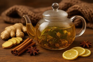 Herbal tea with lemon, ginger, and spices in a glass teapot