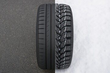 Summer vs winter tire tread comparison on split background