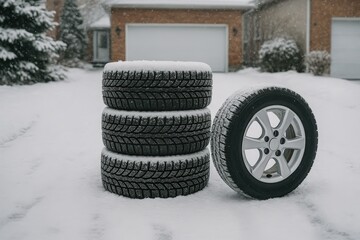 Snow-covered winter tires stacked in driveway