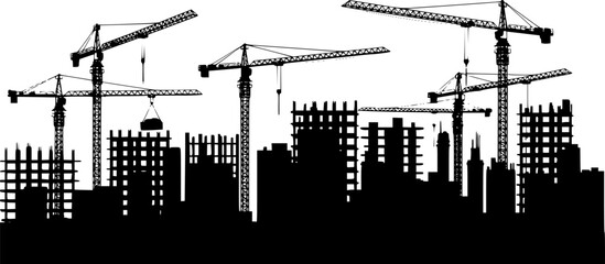 Black silhouette of a construction site isolated on transparent background. Construction cranes over buildings. City development. Urban skyline. Element for your design. Vector illustration.