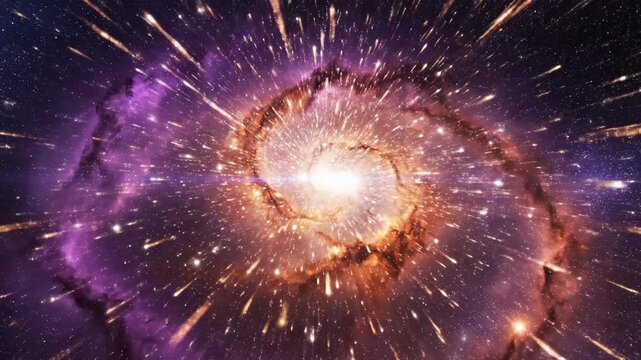 Seamlessly looping abstract motion graphic of a vibrant purple and orange spiral nebula with fast-moving bright cosmic dust streaming through the gaseous cloud loop, astronomy, cosmic
