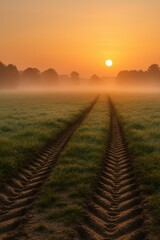 Tractor tire tracks in misty field at sunrise