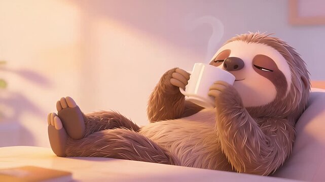 Adorable Sloth Enjoying a Relaxing Coffee Break on a Cozy Couch in a Warm, Sunny Room.