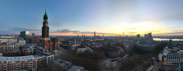 Widescreen aerial photo of the famous St. Michaelis Chruch at sunrise in Hamburg