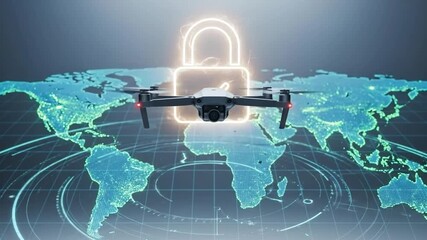 Drone with Lock Icon Over World Map in Digital Environment - Powered by Adobe