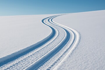Curved tire tracks in fresh snow under clear blue sky