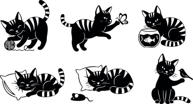 Playful black striped cat illustrations with butterfly fishbowl pillow and bird vector set