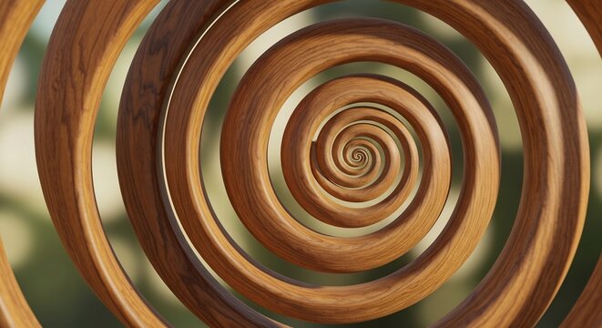 A repeating wooden spiral with a visible grain curving inwards against a blurred green and beige background