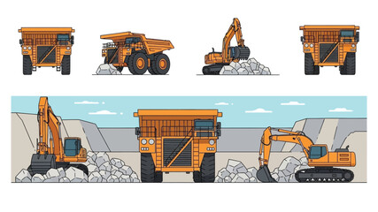 Illustrative depiction of large mining trucks and excavators in various views © faysal sardar