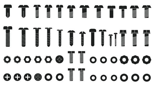 Arrangement of various black screws bolts and washers on a white background