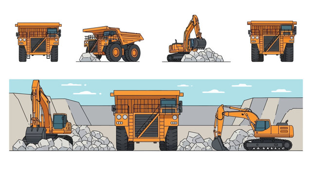 Illustrative depiction of large mining trucks and excavators in various views