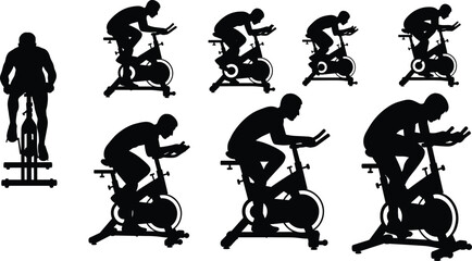 Obraz premium Stylized exercise bike silhouette set showing diverse cycling postures for fitness, workout, and ergonomic design illustration