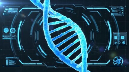 Detailed three dimensional rendering of a glowing blue dna double helix structure floating in a futuristic technological digital interface background - Powered by Adobe