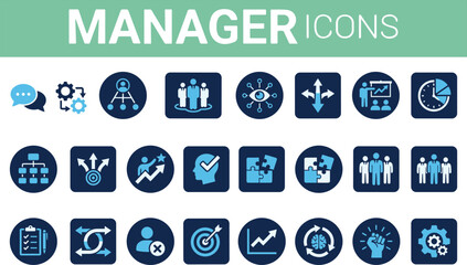 Manager, line icons set for leadership strategy management teamwork decision making business analytics workflow concepts © MstMoslama