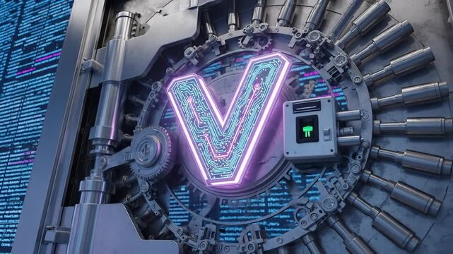 Neon V-shaped Sign Illuminated in a Tech Environment