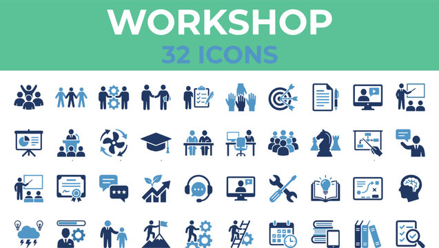 Workshop, line icons set for training, collaboration teamwork presentation education business learning concepts professional development - Powered by Adobe