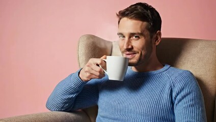 Relaxed man drinking coffee on a pink background.