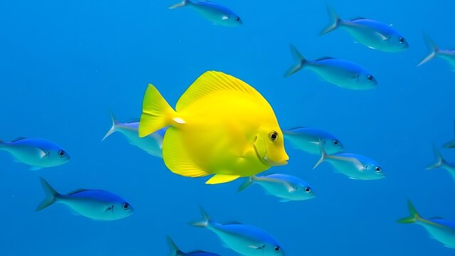 Vibrant yellow fish surrounded by blue fish