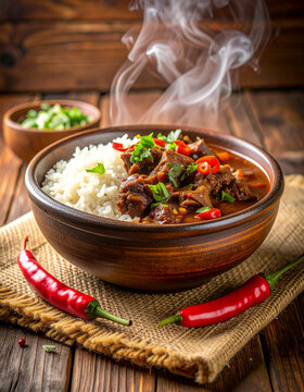 A simple, hearty bowl of Romazava (beef stew) sits on a woven mat next to a pile of steaming, white rice and small, spicy chili peppers.