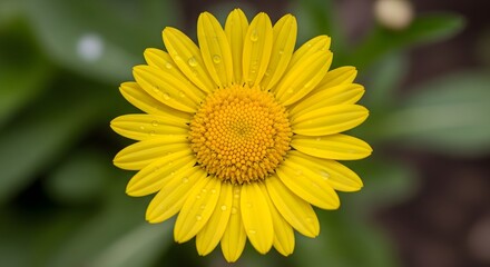 Fototapeta premium Vibrant yellow flower in bloom with green leaves