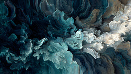 A mesmerizing abstract digital artwork showcases dynamic, organic forms resembling ocean waves or fantastical clouds in varying shades of blue, teal, and white.