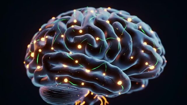 Glowing neural network connects bright dots across human brain illustration.