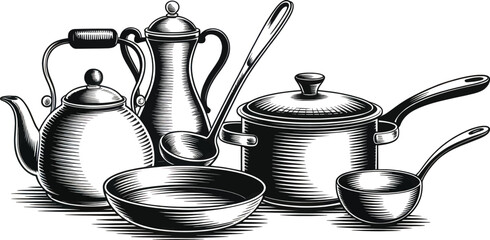 Black and white kitchen cookware set including pots, pans, kettle, and ladle arranged as a clean hand-drawn illustration for culinary concepts, home cooking, and restaurant design use.