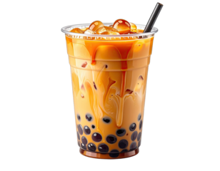Translucent cup showcasing an iced drink with boba, caramel drizzle, and a straw