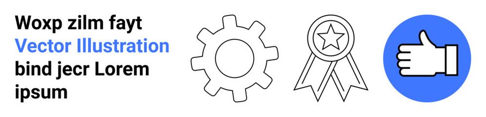 Obraz premium Business success, teamwork, achievement, feedback, recognition, process improvement. Gear, ribbon thumbs-up icon with bold designs. Achievement and teamwork-related visualization