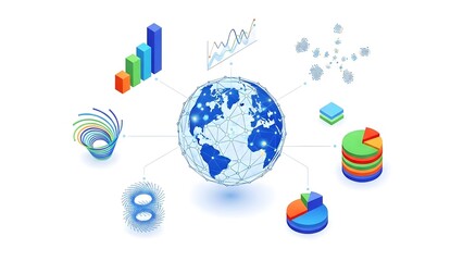 A blue globe surrounded by various colorful business and finance charts and graphs