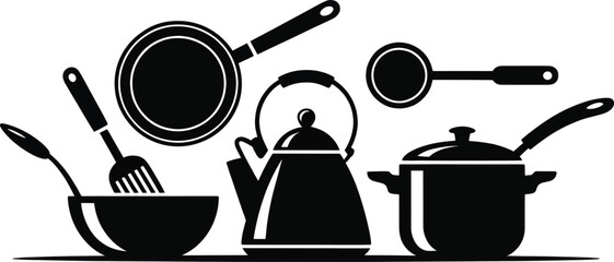 Kitchen cookware silhouette set featuring pots pans kettle and utensils in clean black flat icon style isolated on white background.