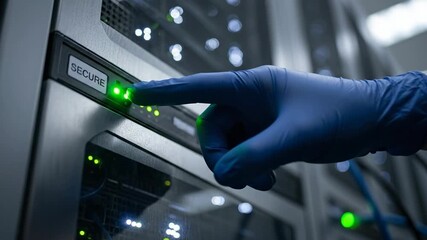 Server technician pressing power button on data center hardware - Powered by Adobe