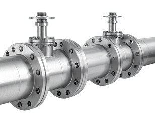 Two industrial valves are attached to a large cylindrical pipe. Shot is in black and white