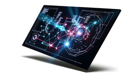 A futuristic computer screen displays a holographic brain scan with neon connections