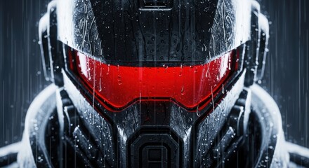 Futuristic combat helmet with red glowing visor covered in heavy rain on a dark background