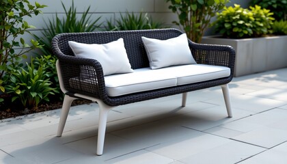 A modern outdoor sofa with a dark woven frame and white cushions is positioned on a tiled patio. The sofa has two white pillows resting against its backrest