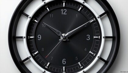The image features a close up view of a modern analog clock with a sleek black face and silver accents