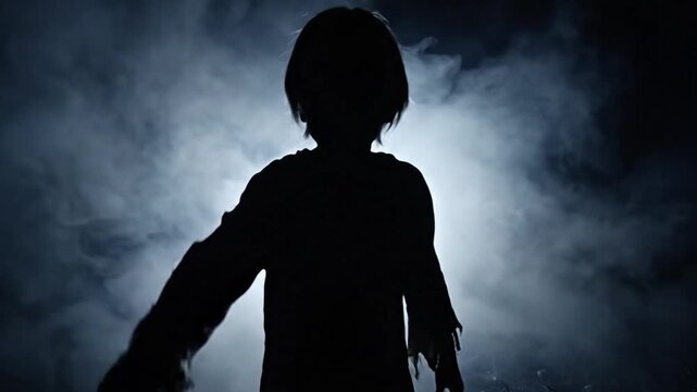 Silhouetted zombie figure in foggy darkness.